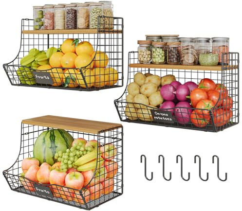 Extra Large Fruit Basket for Kitchen with Wood Lid Nameplate - Counter&Wall Mounted Onion and Potato Storage Bin, Stackable Metal Hanging Wire Baskets kitchen countertop organizer Pantry 3 Pack