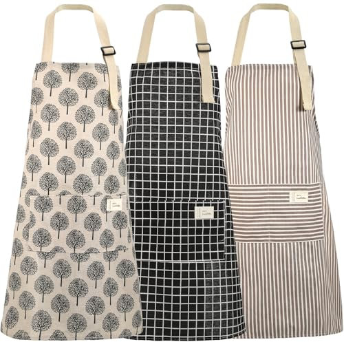 Cptoion 3 Stück Schürze, Verstellbare Schürze mit 2 Taschen, Personalisiert Kochschürze mit Taschen, Schürzen Baumwolle Leinen für Damen und Männer Kochen Backen Malen Hausarbeiten