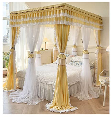 Luxuriöser Betthimmel mit doppelschichtigem 360-Grad-Schutz, geeignet für 1,5 m/1,8 m/2 m Einzelbett, Doppelbett, alle Jahreszeiten, Gelb, 1,5 x 2 x 2 m