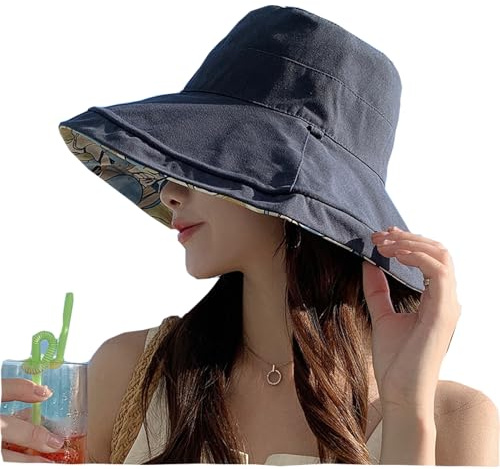 HEVIBK Vår Sommar Vändbart Tryck Sun Beach Hat Kvinnor Sommar Strand Solhatt Sommar Bucket Hatt Stor Strandhatt (IT, Text, En Storlek, Mörkblå), Mörkblå, one size
