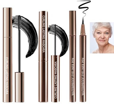 2 Stück Wimperntusche Und 1 Stück Eyeliner Für Ältere Frauen Über 60 Mit Dünner Werdenden Wimpern, Lang Anhaltende Wischfeste Verlängernder Und Voluminöser Mascara, Wasserfeste Eyeliner Pen-Schwarz