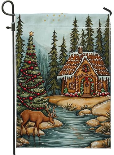Bandiera da giardino invernale del paese delle meraviglie, bandiera rustica con cervi, bandiera su entrambi i lati per esterni in iuta per le vacanze di Natale, decorazione stagionale del prato 30,5 x