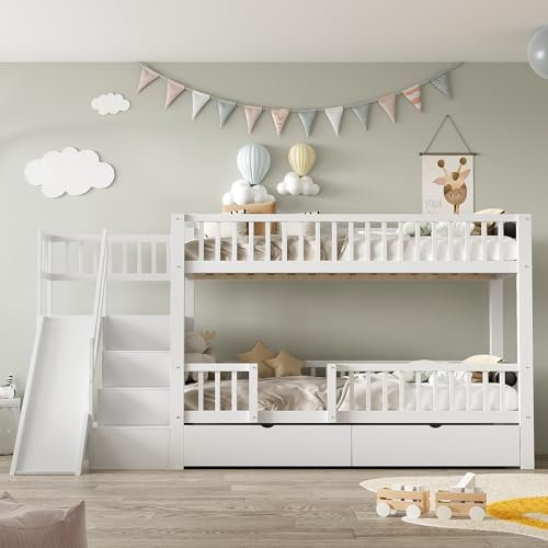 KEYIDE Kinderbett 90x200 cm, Etagenbett mit Rutsche und Treppen, 2 Schubladen & 3 Ablagefächer, Funktionsbett Kinderhochbett Jugendhochbett mit Rausfallschutz & Lattenrost, Ohne Matratze, Weiß