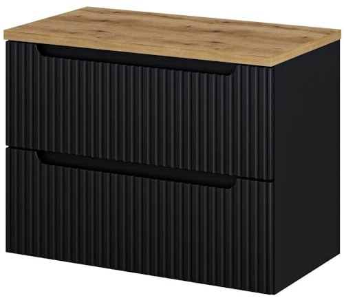 [en.casa] Waschtischunterschrank Skelbolu Waschbeckenunterschrank hängend 80 x 60 x 40 cm Badezimmerschrank mit Schubladen Badschrank mit Softclose-System gerillte Front Schwarz/Eiche