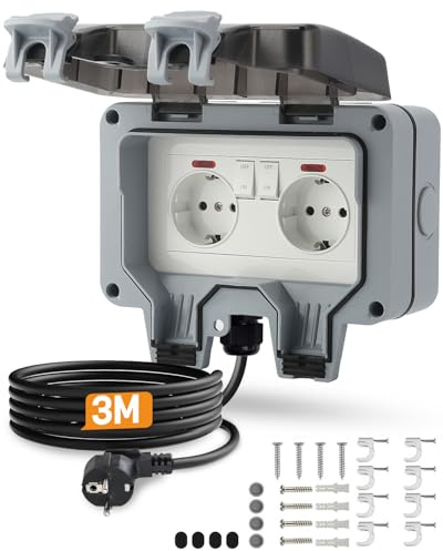 Außensteckdose Wasserdicht mit 3M Kabel, IP66 Steckdose 2 Fach Outdoor 16A Gartensteckdose mit Klappdeckel, Schalter Kontrollleuchte, für Garten Garage Wäscherei Außenbereich