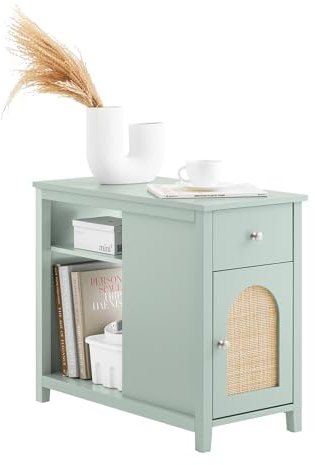 SoBuy Aufbewahrung Beistelltisch mit Geflochtenen Bambustüren, Nachttisch für Wohnzimmer Schlafzimmer, 70x35x60cm Grün FBT159-GR