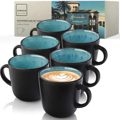 SÄNGER Granada Kaffeebecher 6 Personen, Steingut Kaffeetassen Set 6er | Tassen Teetasse spülmaschinenfest mikrowellenfest, Coffee Mug blau mit schwarzem Rand 430 ml