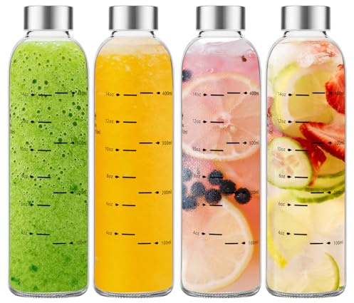 Olivego Glass Water Bottles with Lids 17 oz, Clear Juice Bottles With Stainless Steel Cap, Reusable Glass Drinking Bottle for Juicing, Refrigerator,100% Leak Proof, BPA Free