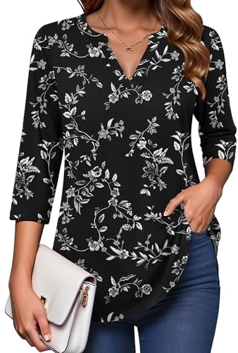 Zeagoo Tunics for Women 3/4 Length Sleeve Tops V Neck Blouse Fashion White Floral XL