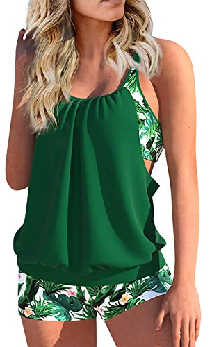 Maillot De Bain Femme 2 Pieces Shorty Tankini Taille Haute Grossesse Ensemble Maillot De Bain Grande Taille Amincissant avec Armature Bikini Ete Marque Pas Cher Beachwear Vert XL