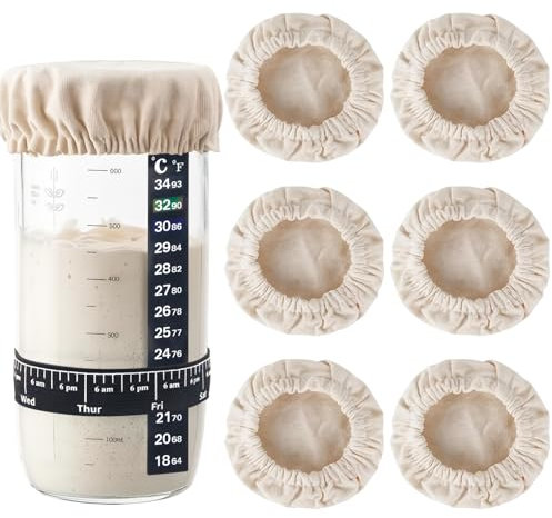 8PCS Sourdough Starter Jar Covers Cloth Kit with 6 Reusable Linen Covers, Thermometer & Time-Tracker Band - Fits 3-4 Mason Jars Container, Washable Cotton Cloth Bowl
