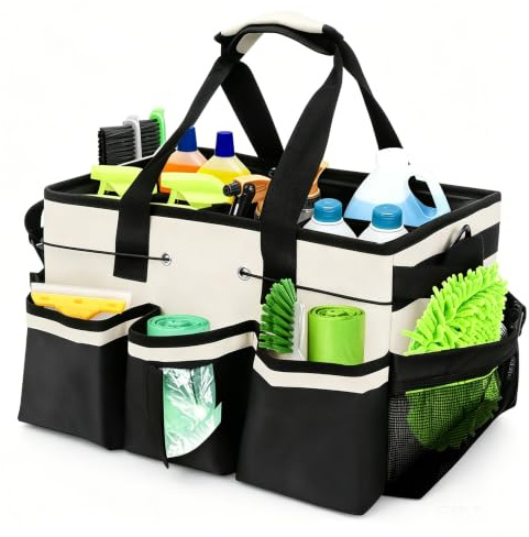 Ruaizel Cleaning Caddy Bag, Cleaning Caddy Bag with Detachable Dividers | Multi-Pocket, Adjustable Shoulder Strap and Waist Belt, for Cleaners & Housekeepers, 40x23.5x27.5 cm (White)