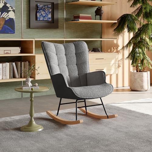 JiaOyu Schaukelstuhl mit Armlehnen, Kuscheliger Schaukelsessel mit Hohe Rückenlehne & Stahl-Holz Gestell, Relaxsessel Gepolsterter Schwingsessel für Wohnzimmer Schlafzimmer (Dunkelgrau/Teddysamt)