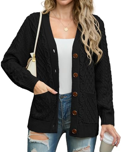 GRECERELLE Gilets pour femmes Pulls à manches longues doux pour femme Pull surdimensionné en tricot à col en V Pull ample épais boutonné pour femme UK, automne, hiver, printemps, Noir, XXL