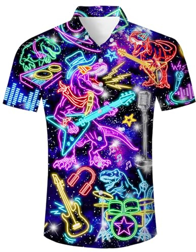 Dancinova Shirts for Men Neon Dinosaur Print Shirt Daily Wear Casual Shirts Mens Music Festival Party Neon Shirt L