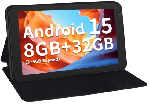 Tablet de 7 pulgadas con funda, 32 GB + 1 TB expandido, WiFi 5G, pantalla IPS (negro) | Five Core Android 15 Tabletas, 3500 mAh, cámara dual, tipo C Tablet PC