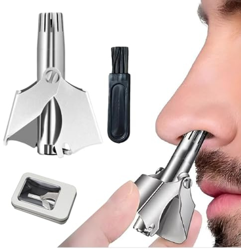 LQUYTA 1 Pezzo Tagliapeli Manuale per Naso e Orecchie Rimozione Manuale Depilazione Sicura Lama Incorporata Con Confezione Scatola Metallica Spazzola per Pulizia (Argento)