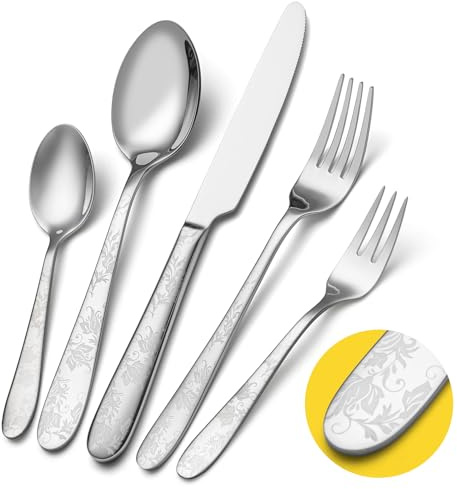 Besteck Set 6 Personen, EIUBUIE 30-teilig Besteck mit elegante Blumenmuster | Edelstahl Essbesteck, Bestekset mit Messer Löffel Gabel, Haus/Restaurant, Tafelbesteck, Spiegelpoliert, Spülmaschinenfest