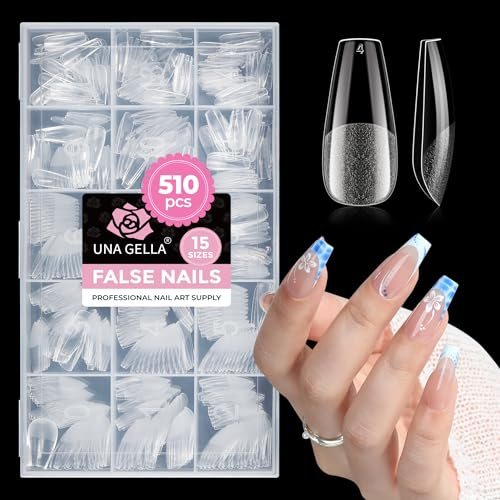 UNA GELLA Capsule Americaine Ongle Ballerina Medium, 510 pcs 15 Tailles, Capsules Ongles Gel Pré-Buffées Sans Limage, Faux Ongles Soft Gel Transparentes pour Extensions et Nail Art