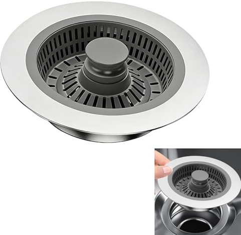 Filtro Y Tapón De Fregadero De Cocina Universal 3 En 1 - Carcasa De Acero Inoxidable, Instalación Fácil para Fregaderos, Anti-Obstrucciones, Almacenamiento De Agua, Aislante De Olores