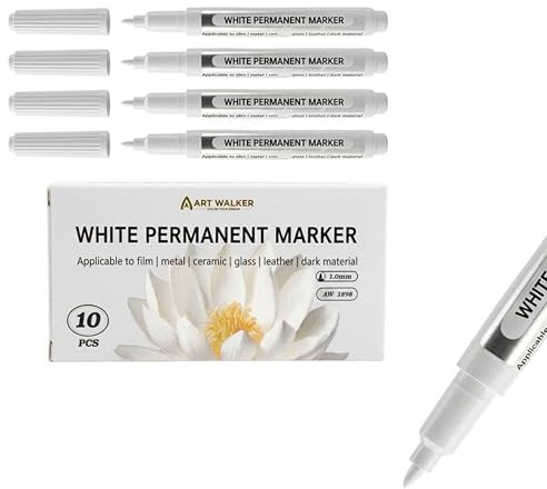 Aspect 10pcs White Permanent Marker Pen, Fine Tip 1.0mm, Quick Dry & Waterproof White Permanent Marker, Multi-Surface Markers for Metal, Glass, Plastic, Wood, Ceramic & Dark Materials