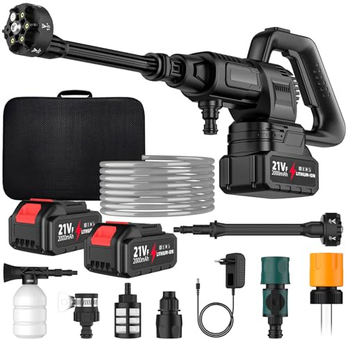 Hochdruckreiniger mit Akku, 6-in-1-Düse, max. 200 Bar, kabelloser Hochdruckreiniger, bürstenloser Motor, 3 einstellbare Stufen, für Autowäsche und Gartenreinigung (2 Batterien)