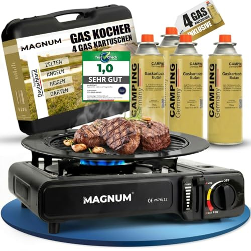 MAGNUM® Gaskocher inkl. 4x Gaskartuschen & Grillplatte [Piezozündung] | Camping Gaskocher | 2,1 kW | inkl. Grillplatte | 4x Gaskartuschen | Piezozündung | Notfall Ausrüstung