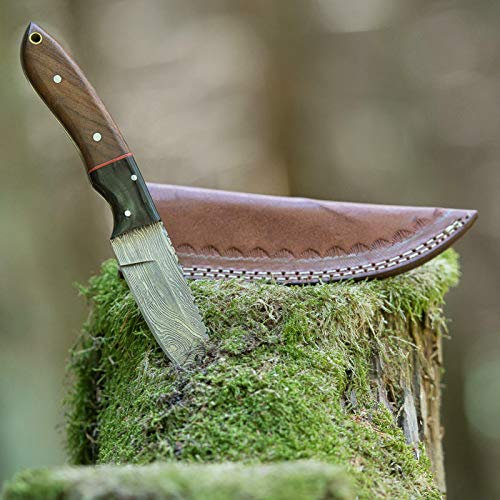 elToro Walnut Horn - Damast - Jagdmesser - 10cm - inkl. Lederscheide; Messer für Camping, Outdoor, Survival, Wald und Forst