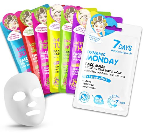 Maschere per il Viso in Tessuto 7 pezzi Idratazione Disintossicazione Antiacne Cura della Pelle per Una Settimana Tutti i Tipi di Pelle | 7DAYS BEAUTY WEEK