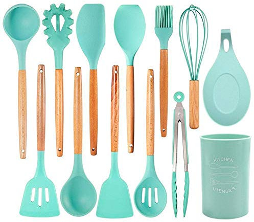 Utensilios De Cocina De Silicona,13 Unids/Set Utensilios de Cocina de Silicona Mango de Madera Utensilios de Cocina para cocinar con Cubo de Almacenamiento