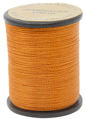 Jeans-Nähgarn | 100 Meter Spule | Garnstärke: 210 D/2 | aus 100% Nylon | Farbe: Schwarz, Weiß, Hellorange, Goldkupfer oder Dunkelblau | einzeln oder im Set erhältlich (GOLDKUPFER)