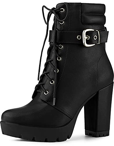 Allegra K Women's Platform Ankle Boots Lace Up Block Heels Combat Boots | Platform Boot for Women, Buckle Zipper Heeled Booties for Party, Comfort Fall Chunky Heel Christmas Dating