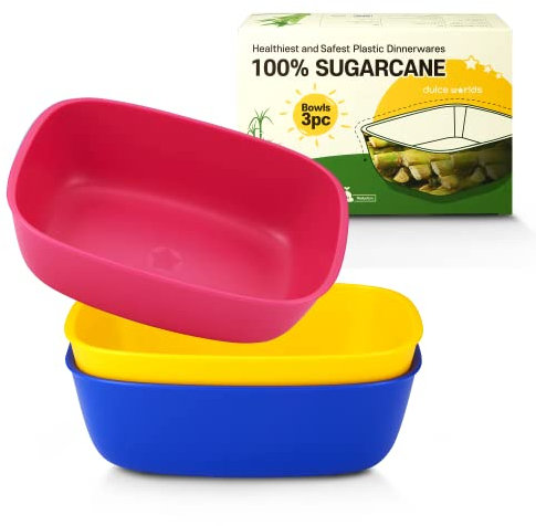 Sugarcane Kids Bowls 3 Pack (800ml) - Natural Plastic Dishes for Toddler to Big Kids - LFGB & USDA Certified – Dishwasher & Microwaves Safe – BPA Free, Unbreakable, Reusable - Multi