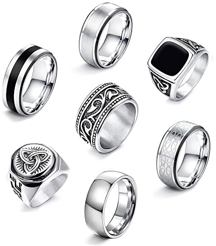 JeweBella Edelstahlringe Set für Herren - 7 Stück Silber matt poliert Keltischer Knoten Vintage Schwarz Siegelring Gothic Biker