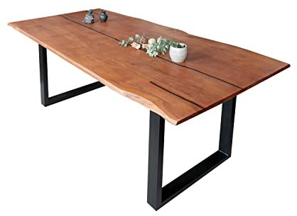 SAM Baumkantentisch 180 x 90 cm Polly, Epoxidharz-Adern in Schwarz, Akazienholz massiv + nussbaumfarben, Esstisch mit U-Eisengestell Schwarz, Tischplatte 26 mm, Esszimmertisch mit echter Baumkante