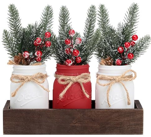 Christmas Mason Jars Centerpiece - Wood Tray & 3 Painted Decorative Jars for Tables, Farmhouse Dining Table Kitchen Decorations, Home Decor