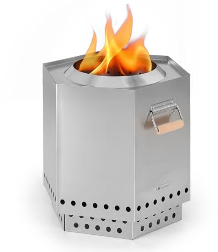 Blumfeldt Cuenco de Fuego, Hoguera móvil con Cubierta para la Lluvia, Asas de Madera, Mesa de Fuego para Exteriores, Chimenea de leña de Mesa con Vista 360°, Hoguera para el Patio y la terraza