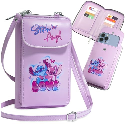 Disney Sac Bandoulière Fille Stitch - Pochette Porte Telephone Porte Cartes Bandoulière Réglable Fermeture Zippée (Rose)