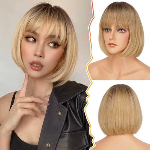 BARSDAR Kort bob-peruk med fransar, 30 cm, ombre, blond, bob-peruk för kvinnor, kort, med värmebeständig, syntetisk, brun, rötter (ombre blond)