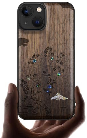 Carveit Coque Magnétique pour iPhone 13 Étui de TPU, Gravure en Bois et Incrustation de Coquille Cover Compatible Magsafe avec 13 Coque (Noyer-Fleur de Cerisier)