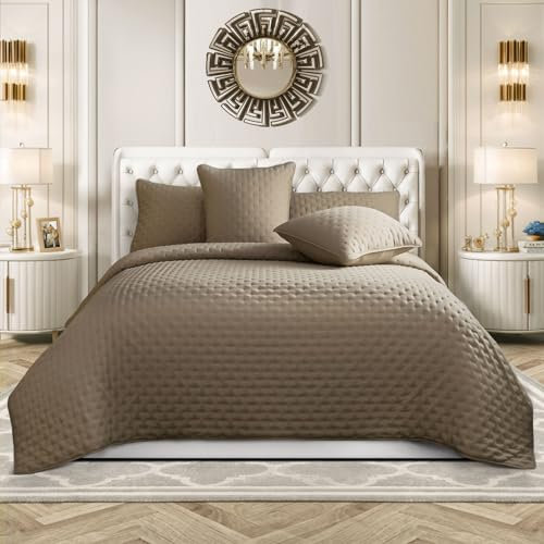 Luxury Quilted 3 Piece Bedspread Embossed Pattern for All Season, Soft Microfiber Reversible Patchwork Beddings Set Bed Throw for Bedroom Decor Reversible Coverlet (Brown, Comforter & 2 Pillow Shams)