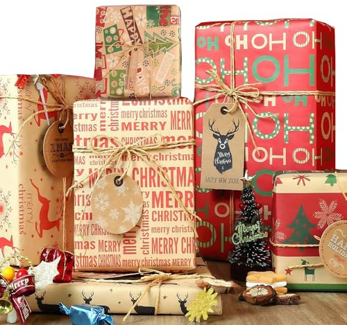 Christmas Wrapping Paper,12pcs Vintage Christmas Wrapping Paper Sheets,70 * 50cm Recyclable Xmas Paper in Folded with 10 Gift Tags,20m Twine and 1 Double-sided Tape Decoration