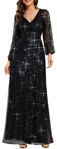 Ever-Pretty Elegantes Damenkleid mit V-Ausschnitt, A-Linie, bodenlang, Lange Ärmel, glitzernde Pailletten, formelles Kleid 01999