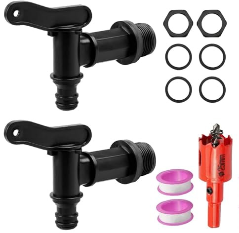 2-pack regnhink pipkran 3/4 tum vattenkran plast snäpp-fit slangtätningskran, plastavloppskran med 25 mm hålöppnare för regnhink tank trädgårdsskötsel (svart)