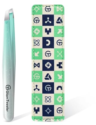 GlamTweeler - Pinzas de punta inclinada con funda de cuero, pinzas afiladas y de precisión de acero inoxidable para cejas, vello facial y depilación fina (verde menta brillante y plateado)