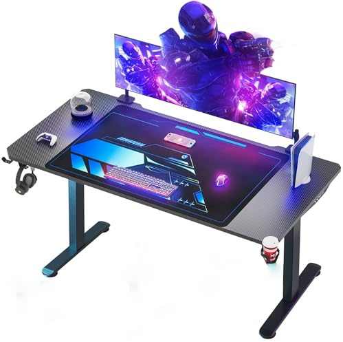 Himimi Mesa Gaming,Escritorio Gaming de Ergonómica, Escritorio Gamer de Fibra de Carbono, Escritorio de Juego con Alfombrilla de Ratón, Portavasos y Gancho para Auriculares,Negro （180x70x80 cm ）