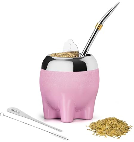 Cuopru Juego de tazas 5 en 1 de Yerba Mate, incluye calabaza de acero inoxidable (estrellas con purpurina, bonito estilo elefante), pajita de bombilla y juego de moldeador de té, 5.5 onzas