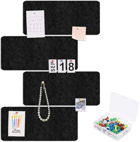 Filz Pinnwand Selbstklebend Korkplatte Pinnwände - 4 Stück Bulletin Board mit 30 Pushpins, Filzboard Wanddekoration für Wände, Zuhause, Büro, Foto Hängen, Zeitpläne (Schwarz)