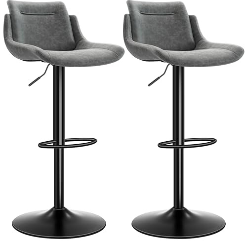 LXRADEO Bar Stools Set of 2, PU Leather Fabrics Height Adjustable Rotating Bar Chairs With Backrest, Modern Kitchen Dining Chair, Suitable For Bars,Dining, Family, Extended Stable Base,GREY