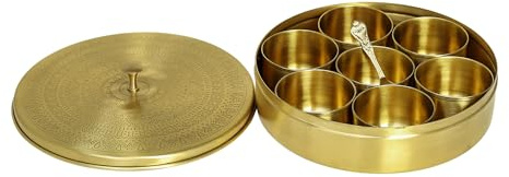 HANDTECHINDIA Handmade Pure Brass Kitchen Utensil Set, Traditional Masala Box, Cup, Plate, Kettle, Glass, Home Decor Collection Heavy Duty Home Decor (Spice Box Small)